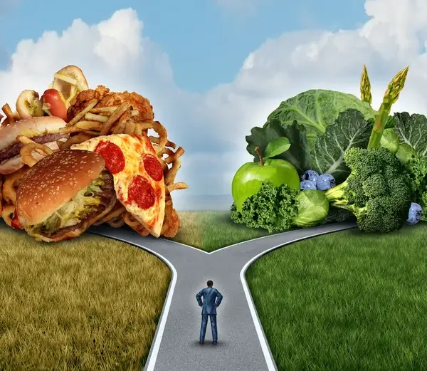 Illustration représentant un choix entre une alimentation saine et une alimentation malsaine. Un homme hésite entre des légumes frais et de la malbouffe. Idéal pour un article sur la nutrition et le bien-être.